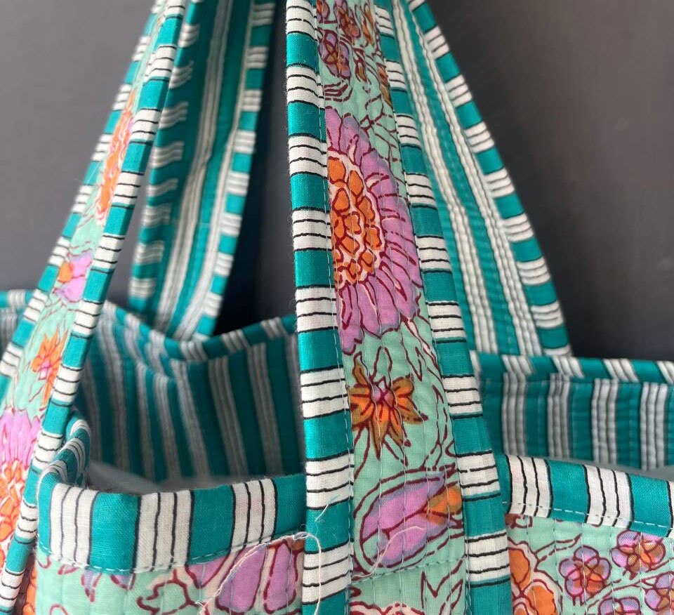 Pure Cotton Hand Block Print Kantha Tote Shopping Bag