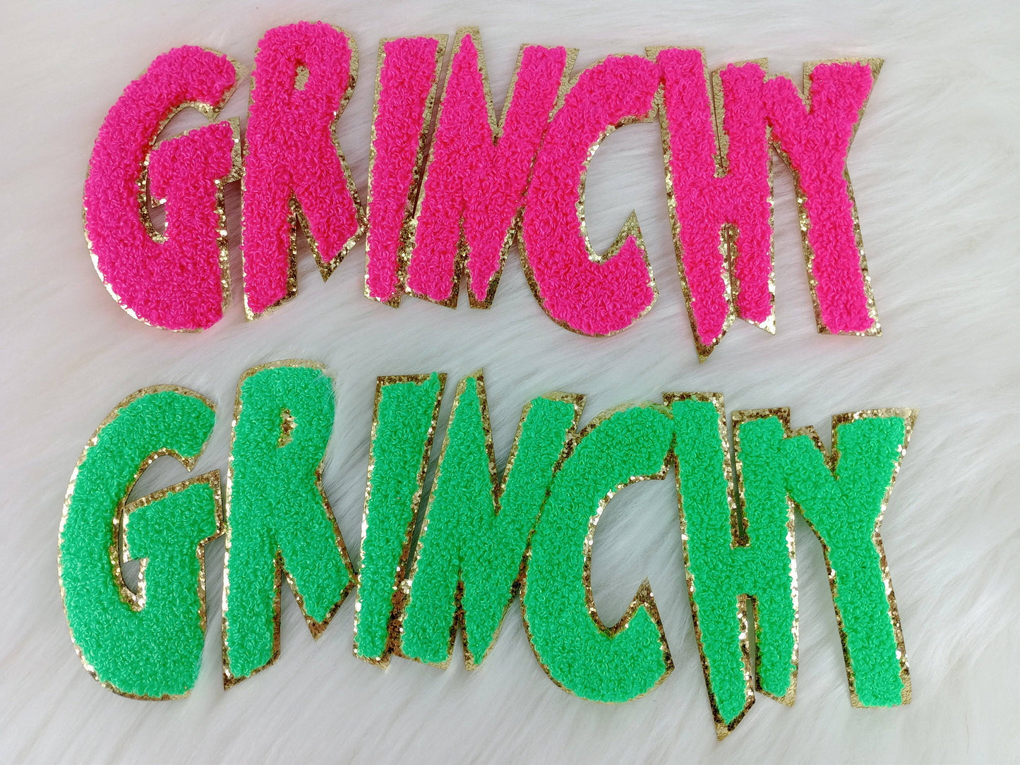 Grinchy Word Chenille Gold Glitter Iron-on Patch