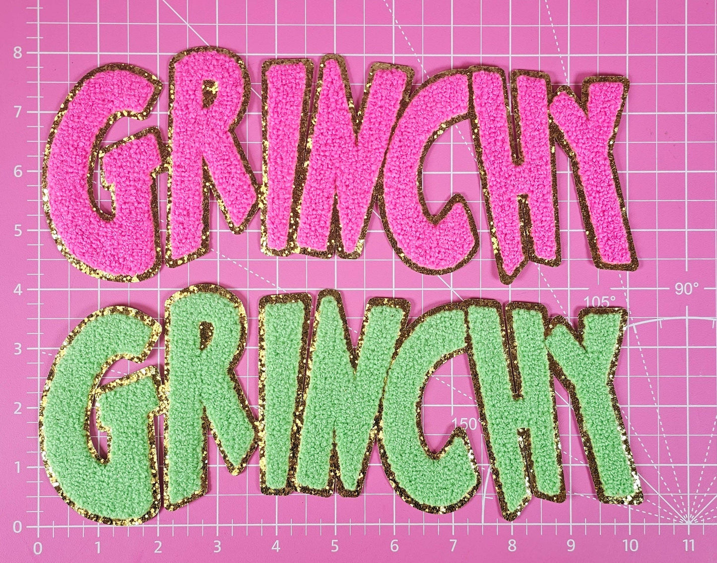 Grinchy Word Chenille Gold Glitter Iron-on Patch