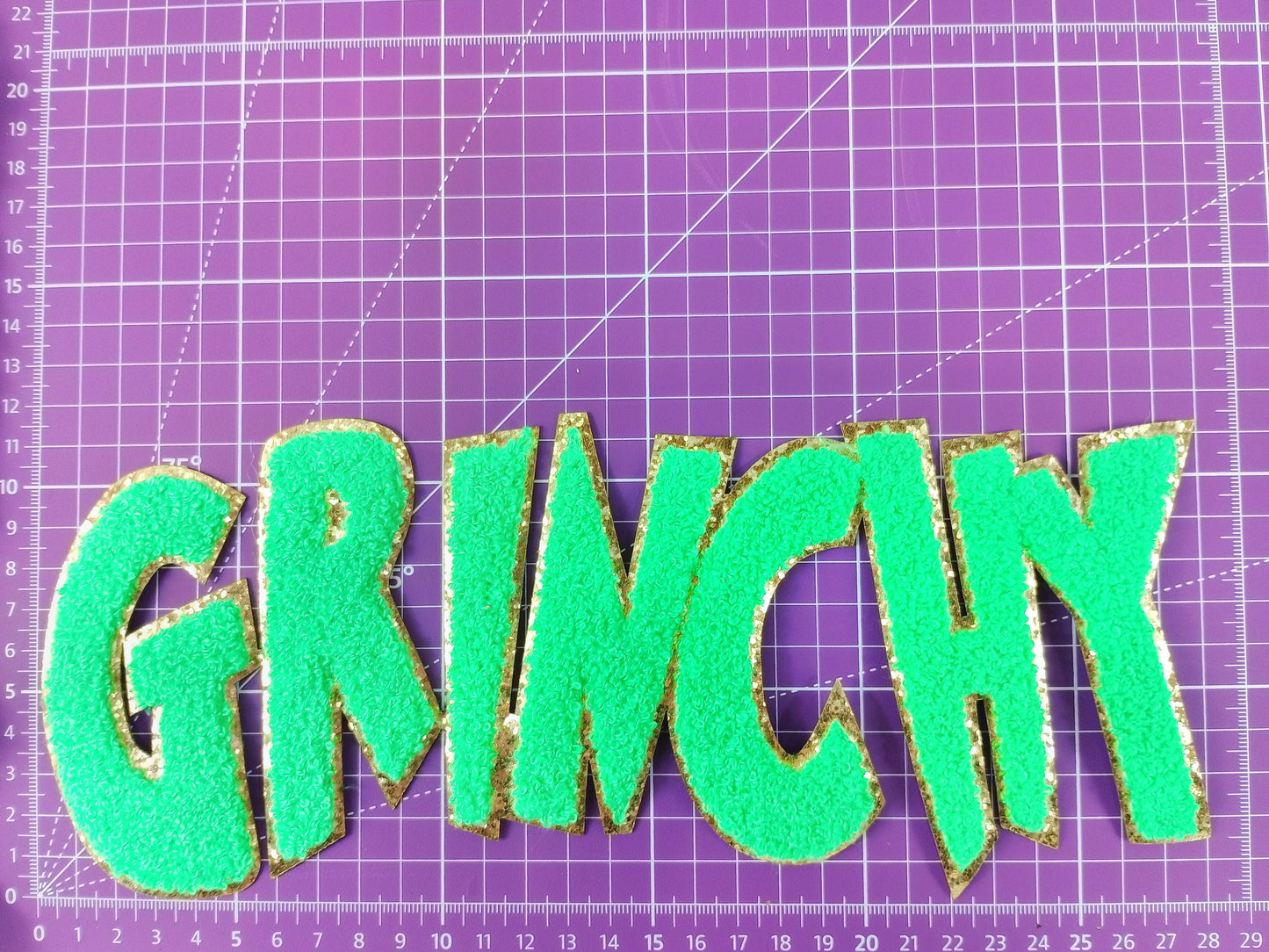 Grinchy Word Chenille Gold Glitter Iron-on Patch