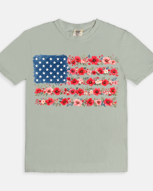 Floral Flag Tee- gray