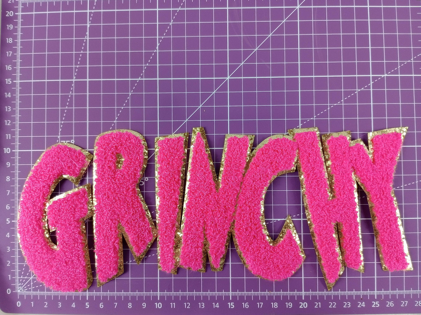 Grinchy Word Chenille Gold Glitter Iron-on Patch