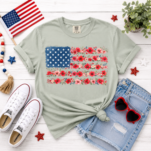 Floral Flag Tee- gray