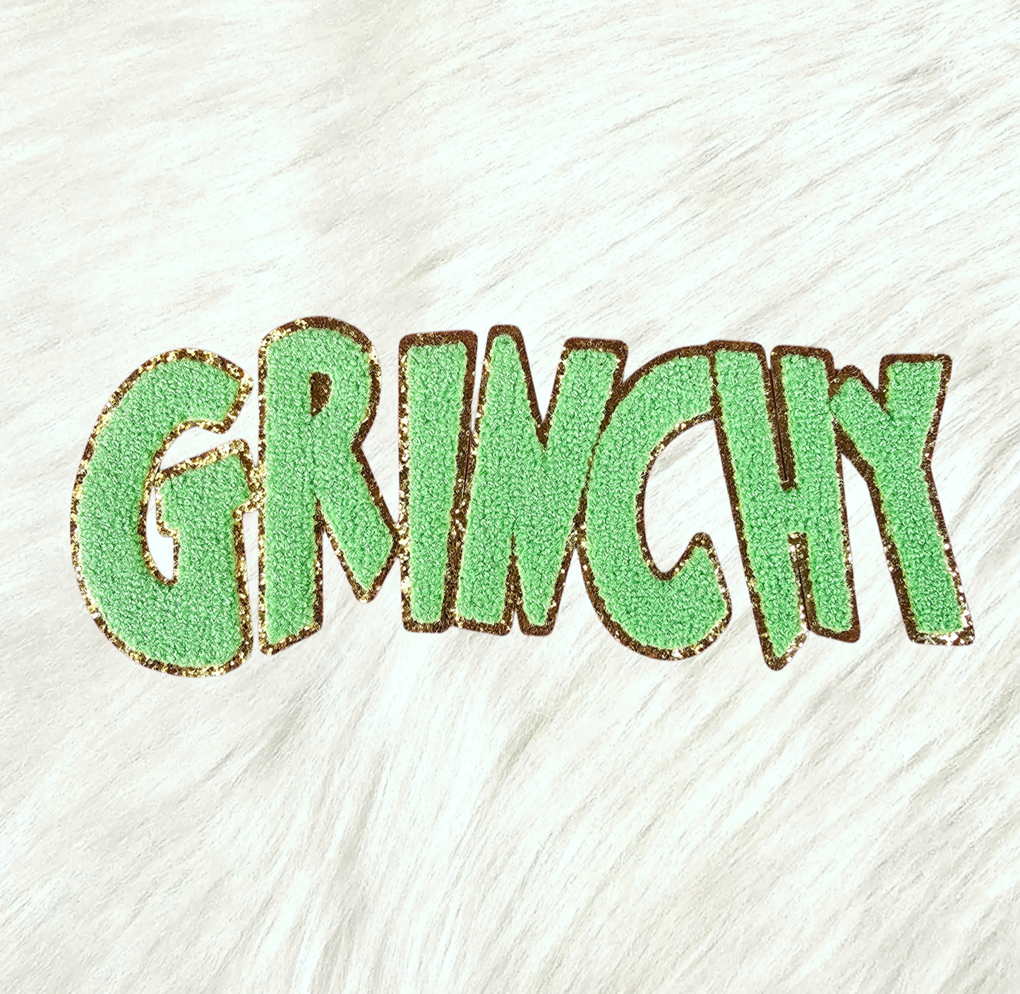 Grinchy Word Chenille Gold Glitter Iron-on Patch