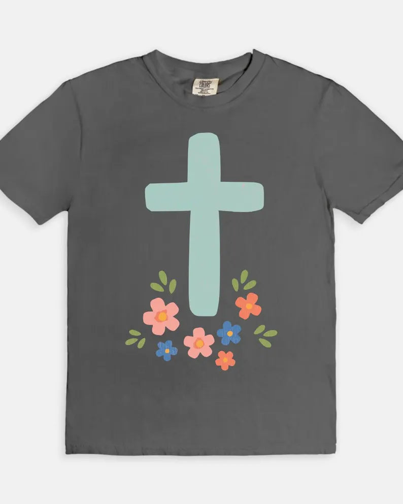 Cross and Flowers Tee - pepper