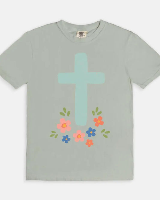 Cross and Flowers Tee - Gray